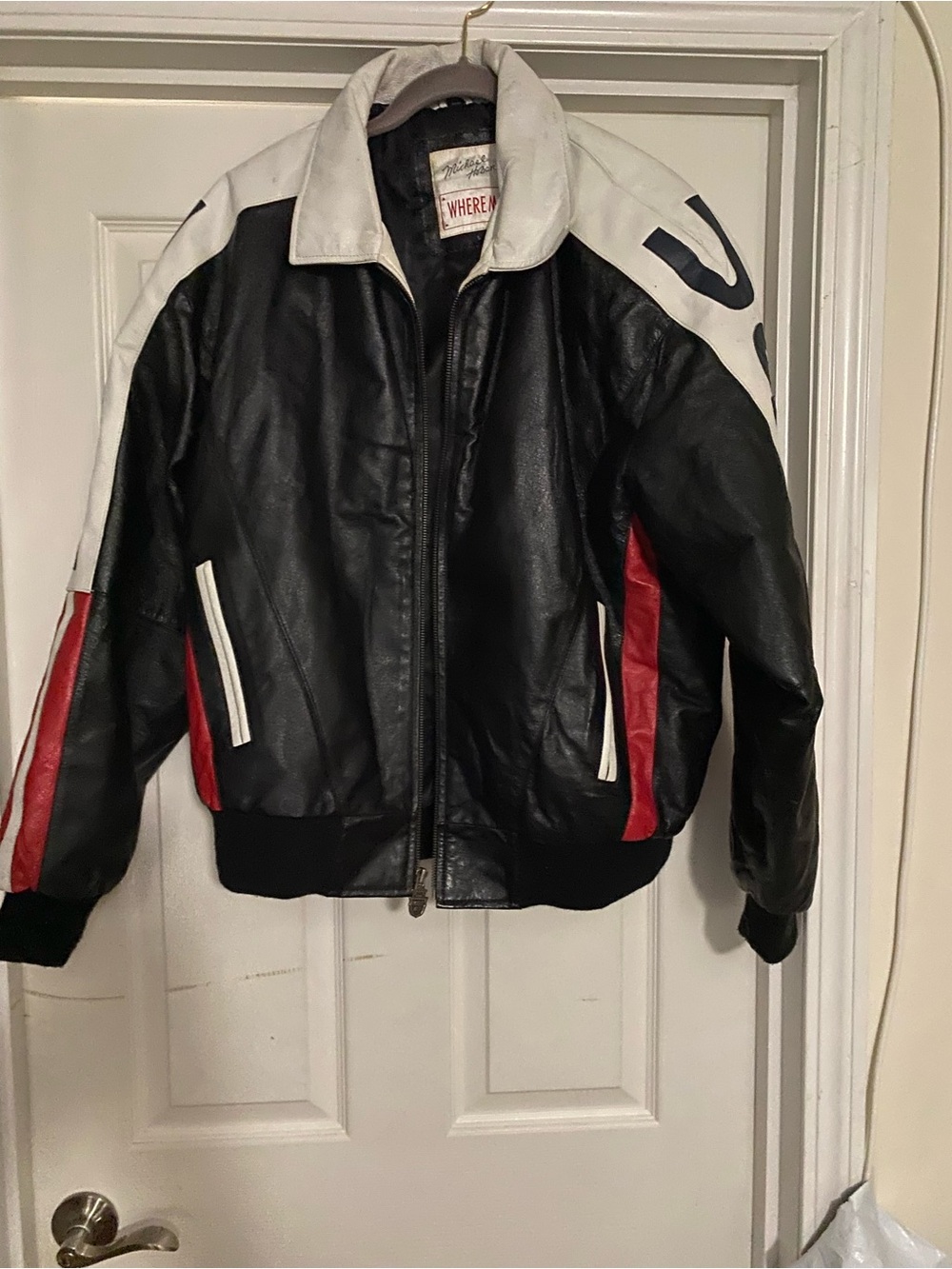 Michael Hoban Black Leather Bomber Jacket with White and Red Accents
